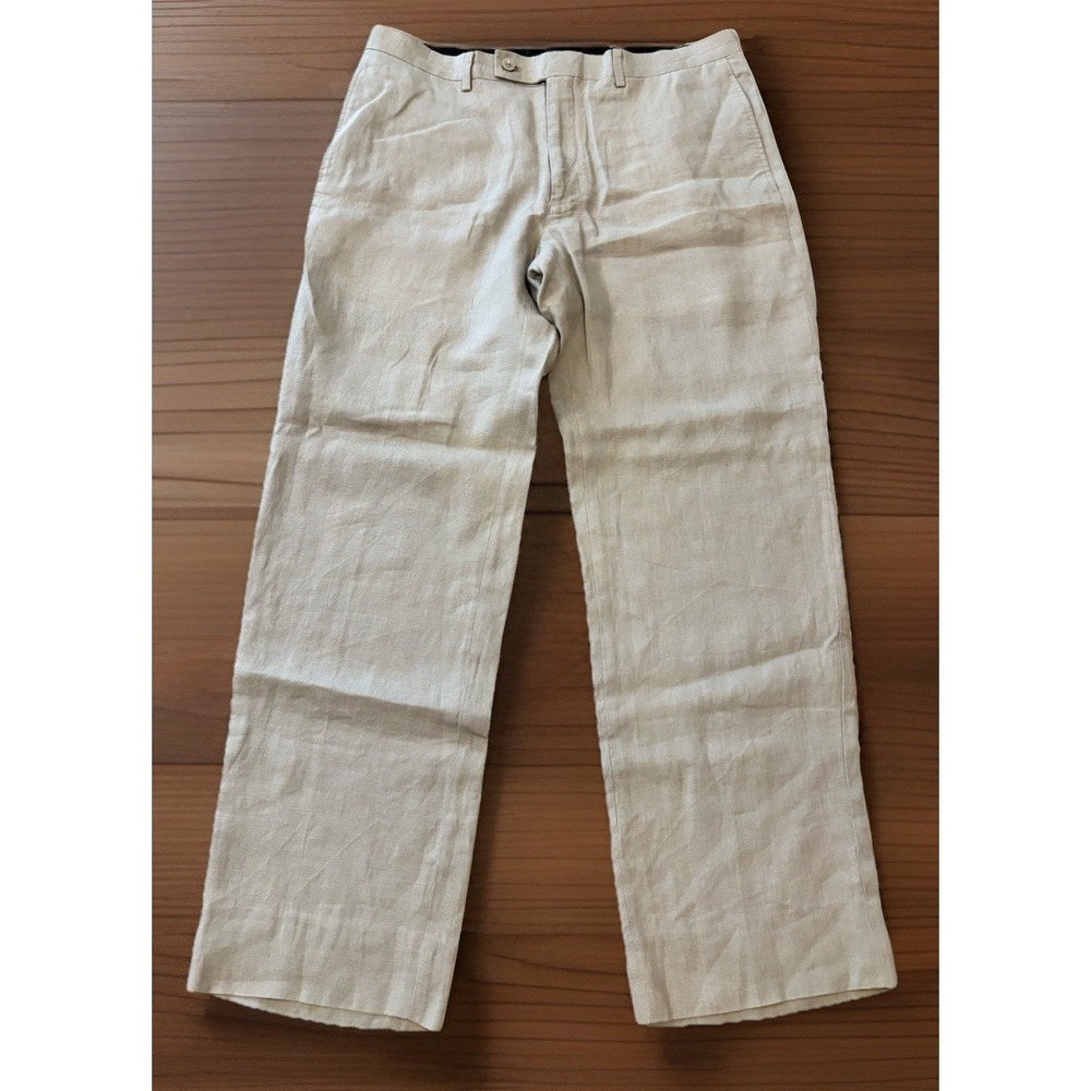 Calvin‎ Klein Mens 33x29 (Actual) Beige Linen Dress Slim Pants Flat Front